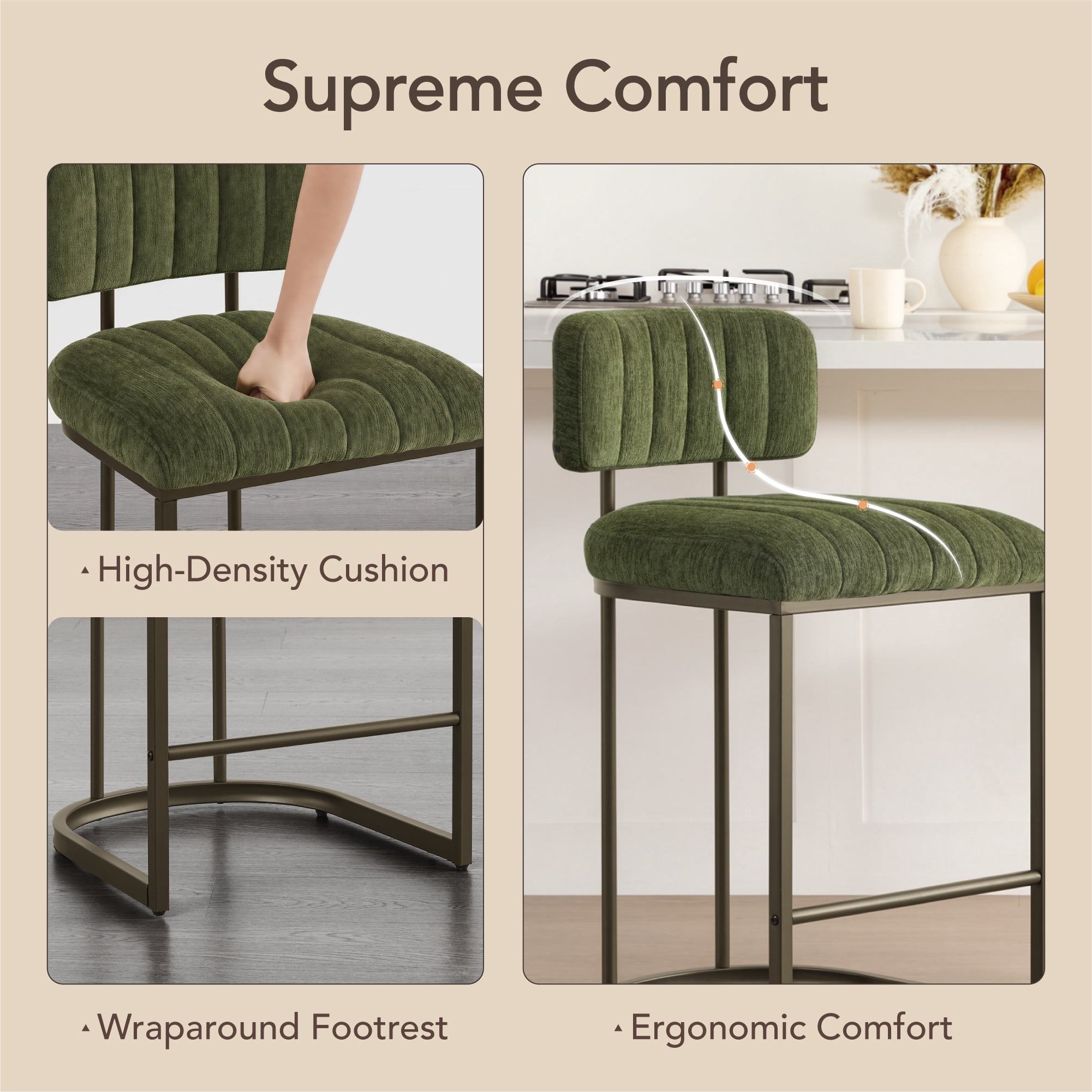 Spruce & Spring 26" Fixed Counter Height Bar Stools Set of 2, Upholstered Counter Chairs with Curved Back & Channel Tufting, Metal Base for Kitchen Island & Home Bar, Green Fabric