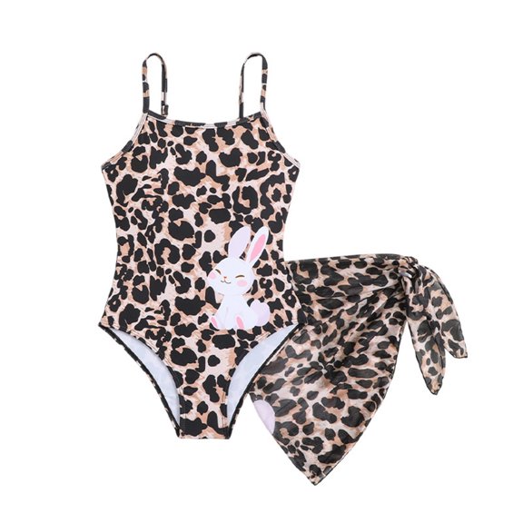 LIIPEE Girls Swimsuit Sets 2 Piece Set Kids Casual Summer Leopard Bunny Print Spaghetti Straps One-Piece Swimsuits And Wrap Skirt Cute Swimwear,7-8 Years