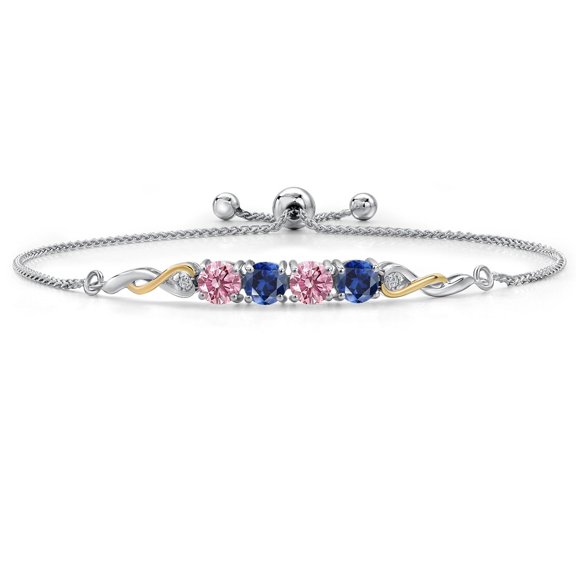 Gem Stone King 925 Silver and 10K Yellow Gold Pink Lab Grown Diamond and Blue Created Sapphire Bracelet for Women | 2.22 Cttw | Gemstone April Birthstone | Round 5MM | Fully Adjustable 9"