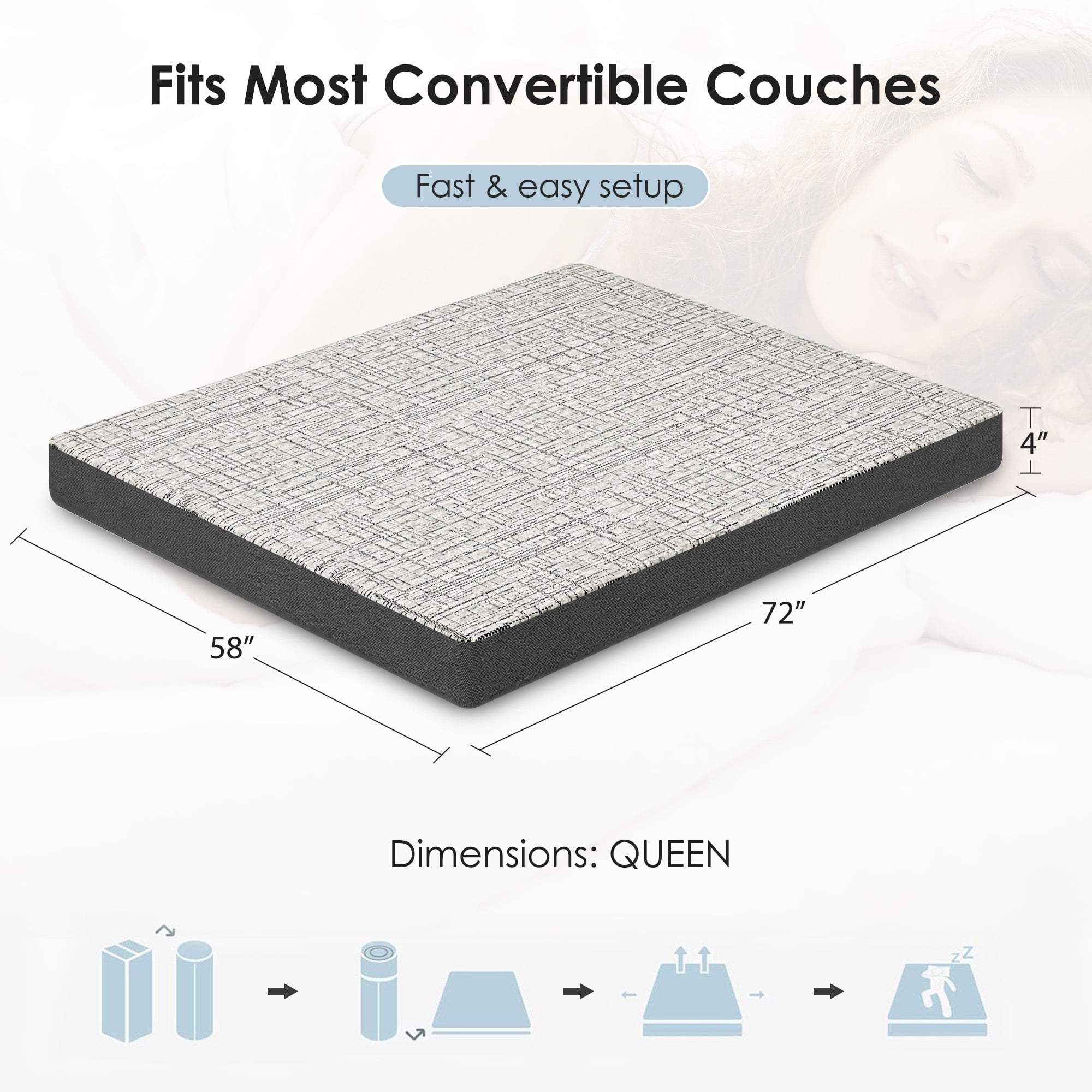 4 Inch Queen Size Foldable Mattress, Pull Out Sofa Replacement Mattress, Bed Memory Foam Mattress Mattress with Removable Washable Cover, for Couch Beds Guest Rooms, RVs & Boats,(Sofa Not Inclued)