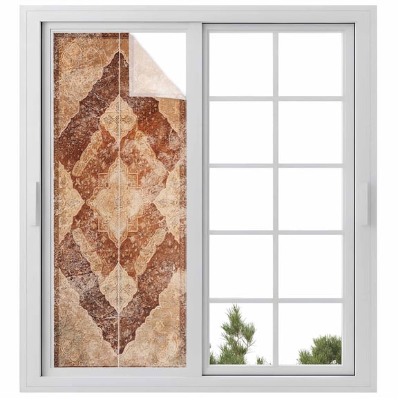 Beige Boho Privacy Window Film, Decorative Frosted Glass Window Film, Ethnic Modern Geometric Abstract Art Western Reusable Peel and Stick Static Cling for Home Bathroom Office Glass Door 29.5"x78.7"