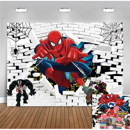 Image of White Brick Wall Spiderman Photo Background 7x5ft Polyester Superhero Cityscape Spider Web for Children Baby Boys