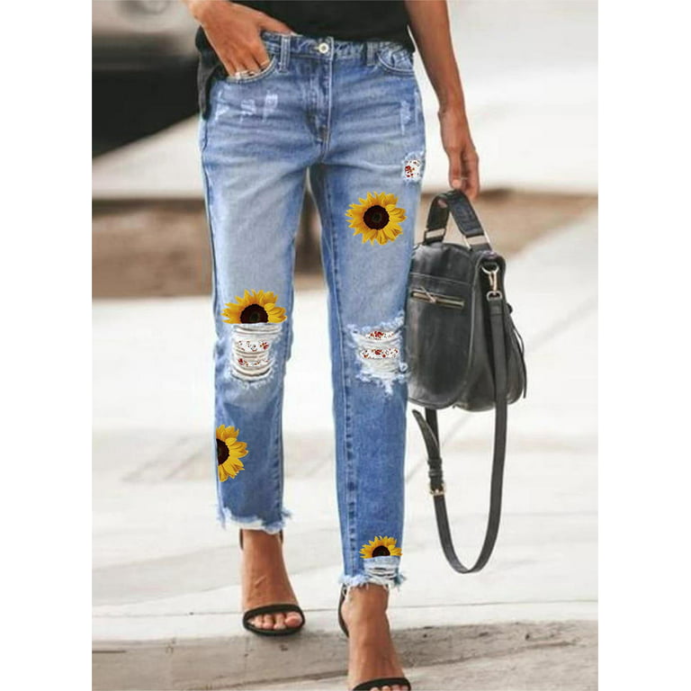 Dokotoo Patch Jean for Woman Light Blue Distressed Jeans Stretchy Sunflower  Printed Denim Pants for Women Mom Jeans High Waisted Pants, Us 12-14(L)