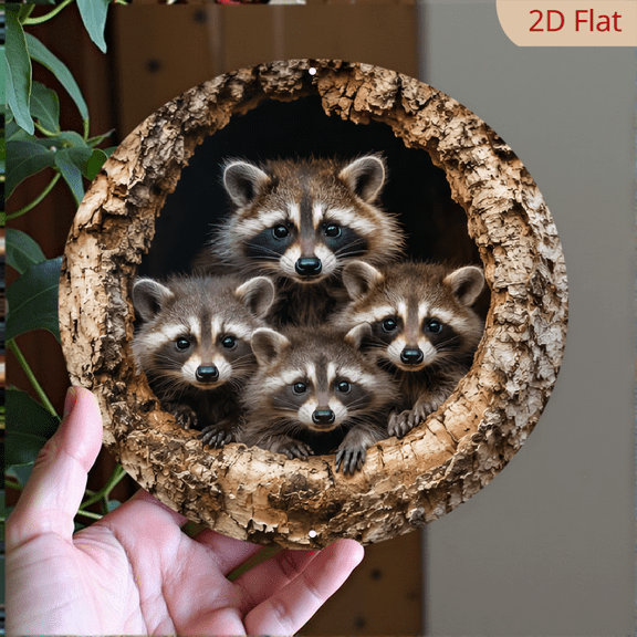 Printing 1pc 8x8inch Aluminum Sign 1pc Playful Raccoons Peeking from Tree Stump Wall Art - 80x80inch Rustic Home Decor, Durable Sign for Living Room, Office,