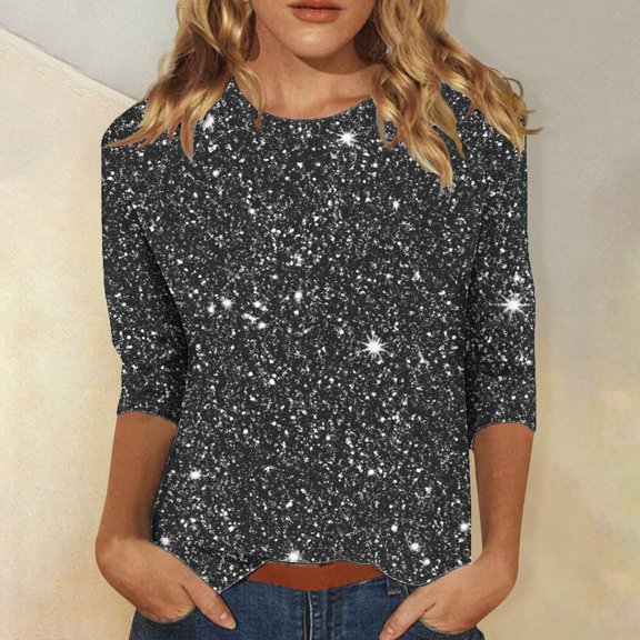 Black Crop Graphic Tees for Women, Polyester Summer Blouses for Women 2024, 3/4 Sleeve Graphic Tees for Women, Blouses for Women Casual, Sequin Weekend Printed Womens Tee Shirt Tops