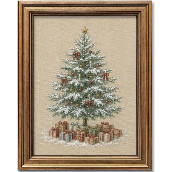 Christmas Tree Wall Art Vintage Gold Framed Wall Decor Rustic Winter Picture Painting for Farmhouse Home Living Room Decor Gift (12L" x 9.5W")