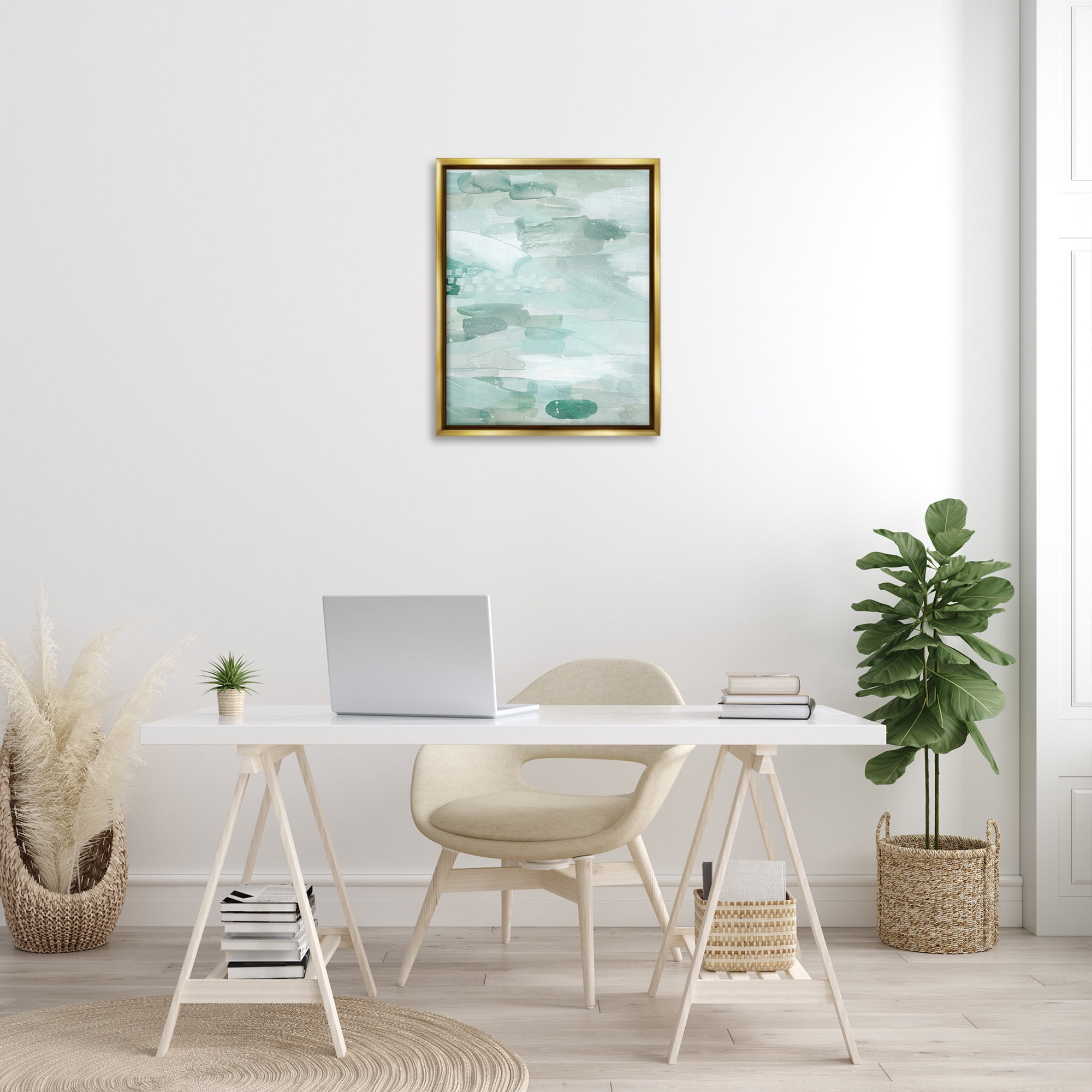 Stupell Industries Horizontal Green Strokes Abstract Painting Gold Floater Framed Canvas Art Print Wall Art, 25 x 31