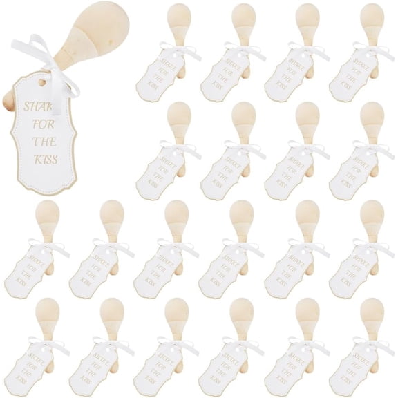20 Pcs Mini Wooden Maracas for Wedding with Ivory Ribbon and Card Tags Table Favours Musical Instrument for Weddings Mexican Party