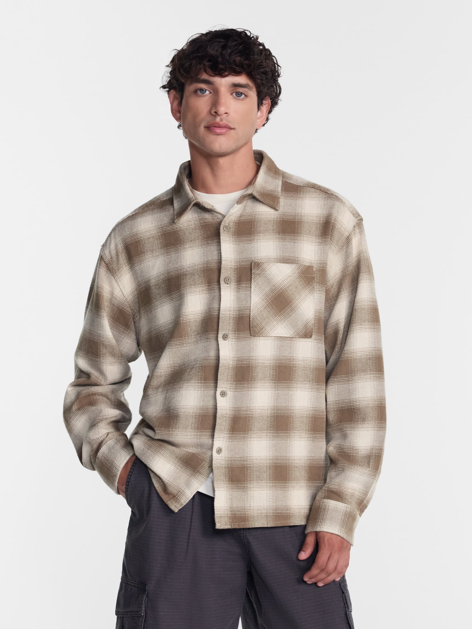 No Boundaries Boxy Cotton Plaid Flannel with Long Sleeves, Men's and Big Men's XS-4XLT