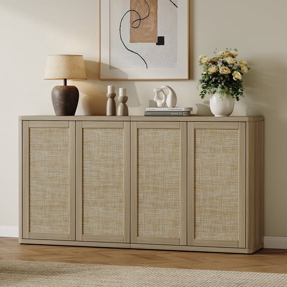 SICOTAS 64.32"W Modular Boho Rattan Sideboard Buffet Cabinet with Adjustable Shelves & Pop-Up Door, Modern Storage Cabinet Farmhouse Credenza for Dining Room, Hallway & Foyer - Amber Oak