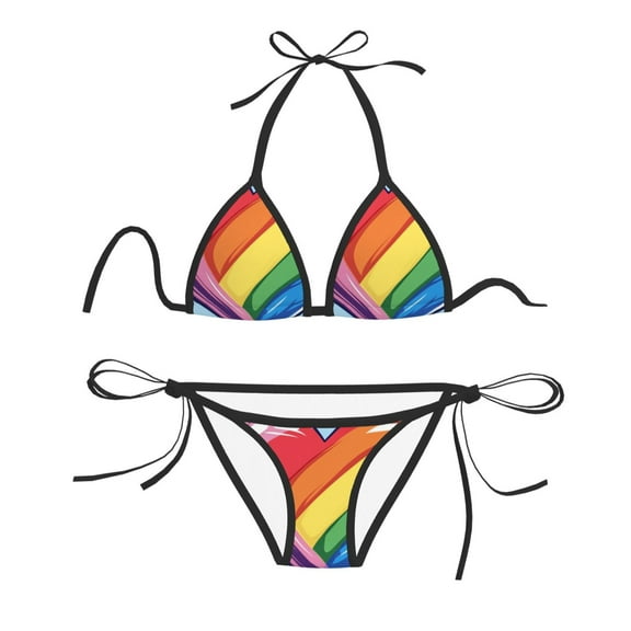 Women Two Piece Swimsuit Sexy Swimwear Halter String Triangle Bikini Sets - Rainbow Heart (1)
