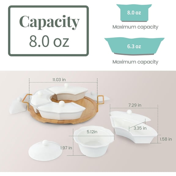 Party Serving Trays and Platters, Ceramic Lazy Susan Serving Tray with Divided Sections Appetizer Rotating Serving Tray for Fruits, Veggies, Chips and Dip Serving Set