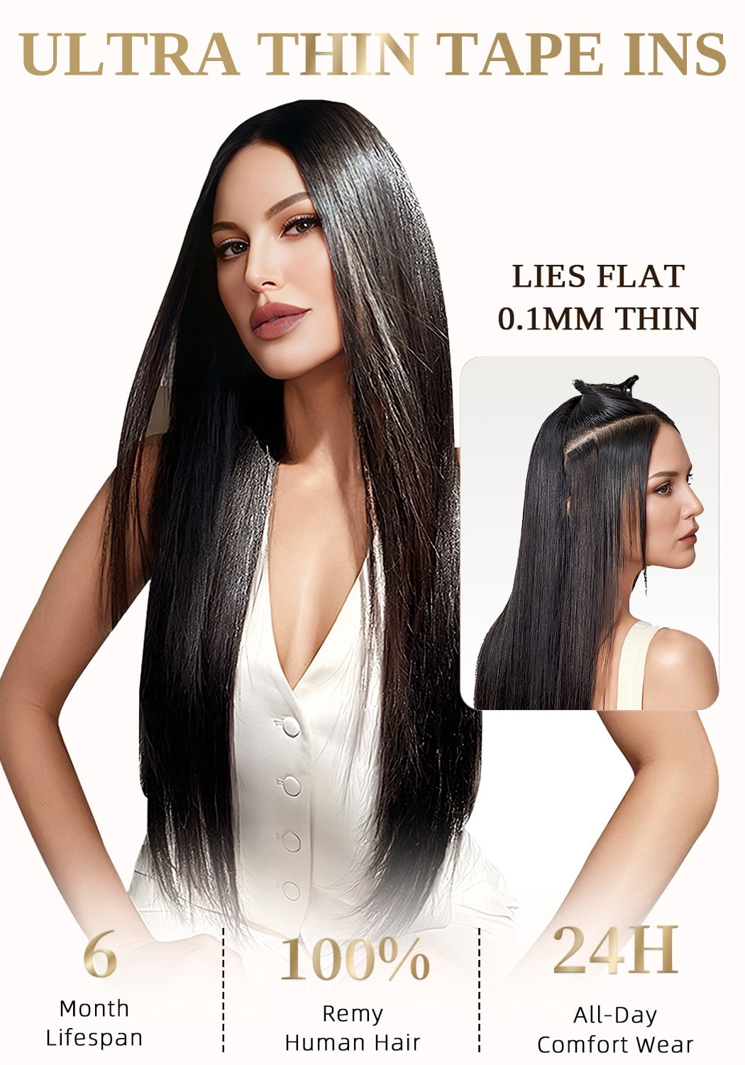 DNE HAIR Tape in Human Hair Extensions, Seamless Straight  display picture 1