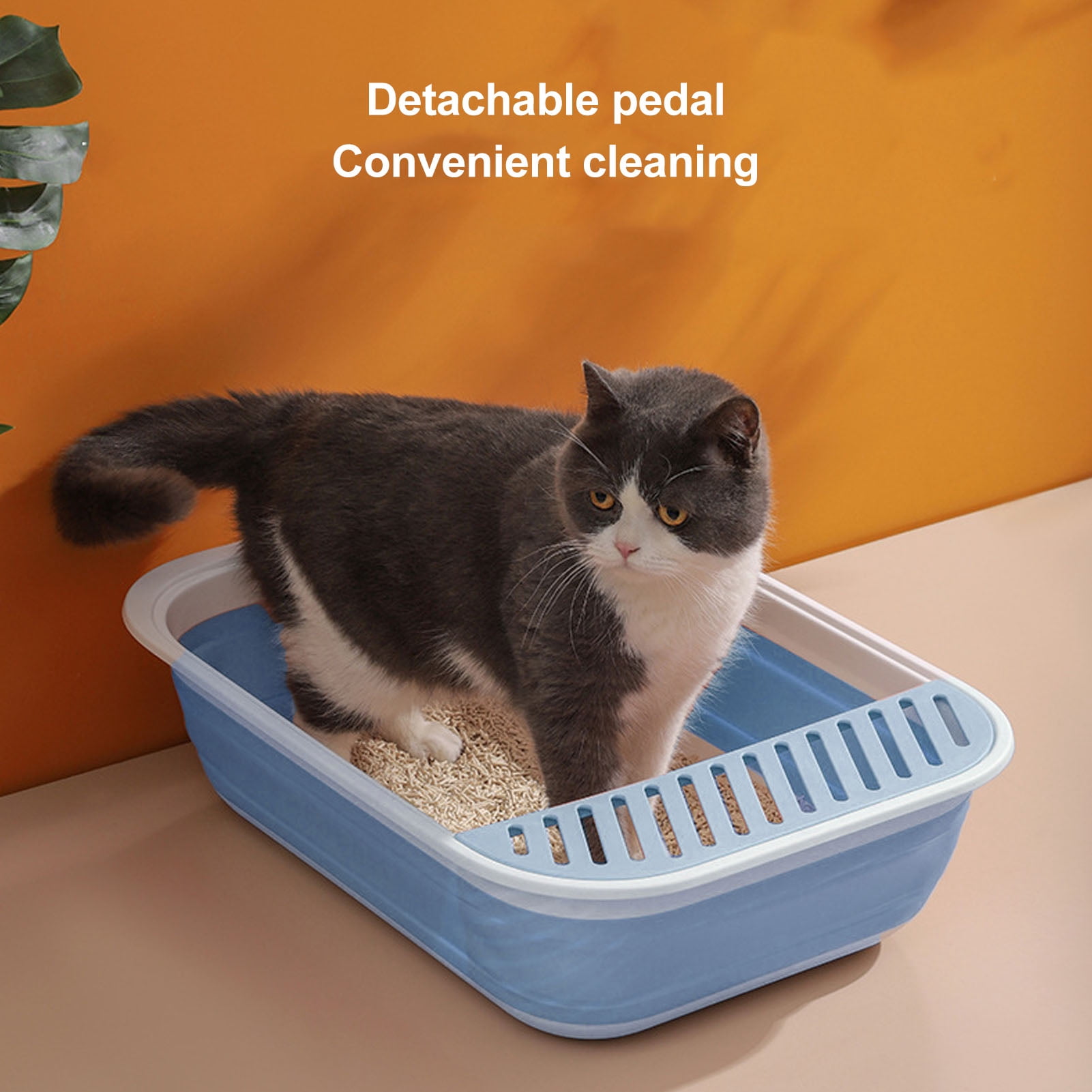 BIMZUC Foldable Semi Enclosed Cat Litter Box with Scoop Splash Proof Kitten Toilet Bedpan, 18.1 inches / 46 cm Length, Portable Pet Potty Pan for Indoor Cats & Small Pets, Blue