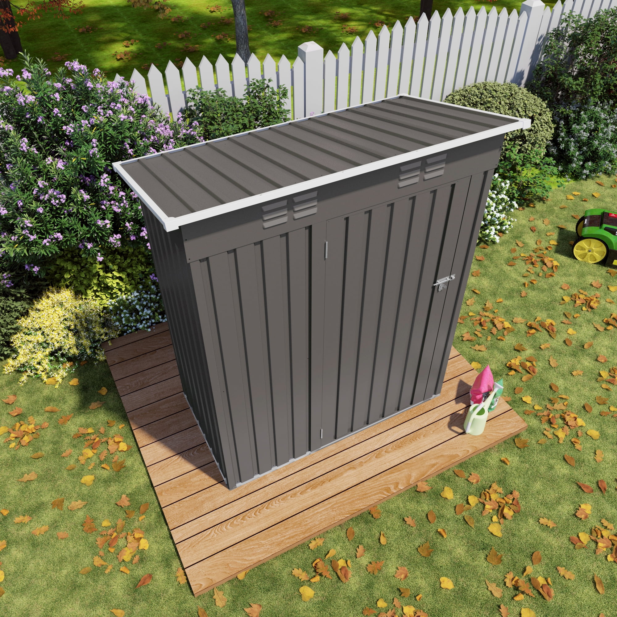 5x3 FT Shed Outdoor Storage Shed, Metal Garden Shed with Lockable Doors & Slooping Roof, Tool Shed Bike Shed for Backyard, Patio, Poolside - Gray, Pitched Roof