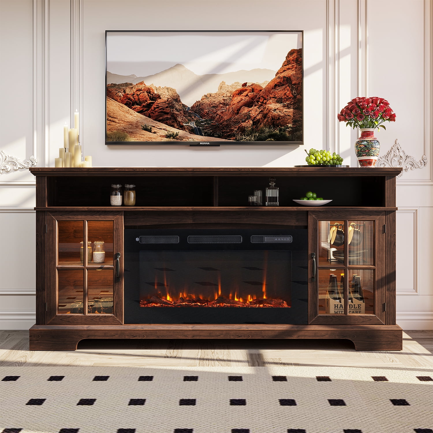 BaPiPro 70" Fireplace TV Stand with 36" Electric Fireplace for TVs up to 80", Media Entertainment Center Console Table, Rustic Brown
