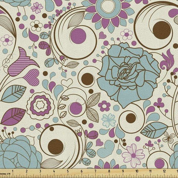 Abstract Upholstery Fabric by the Yard, Retro Drawn Doodled Floral Elements Bloomed Roses and Swirled Geometric, Decorative Fabric for DIY and Home Accents, Multicolor by Ambesonne