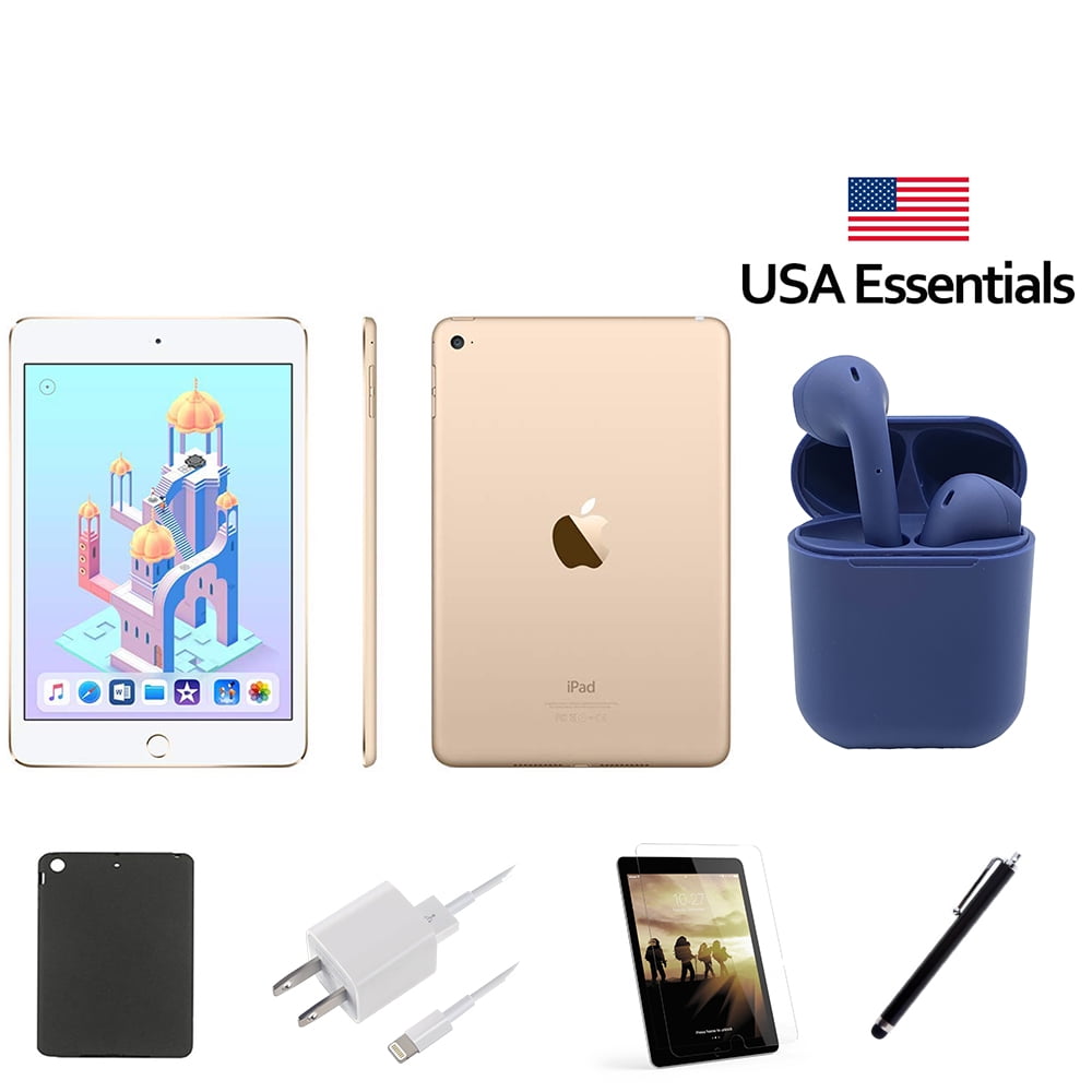Restored | Apple iPad Mini 4 | 16GB Gold | Wi-Fi Only | Bundle: Pre-Installed Tempered Glass, Case, Charger, USA Essentials Wireless Bluetooth