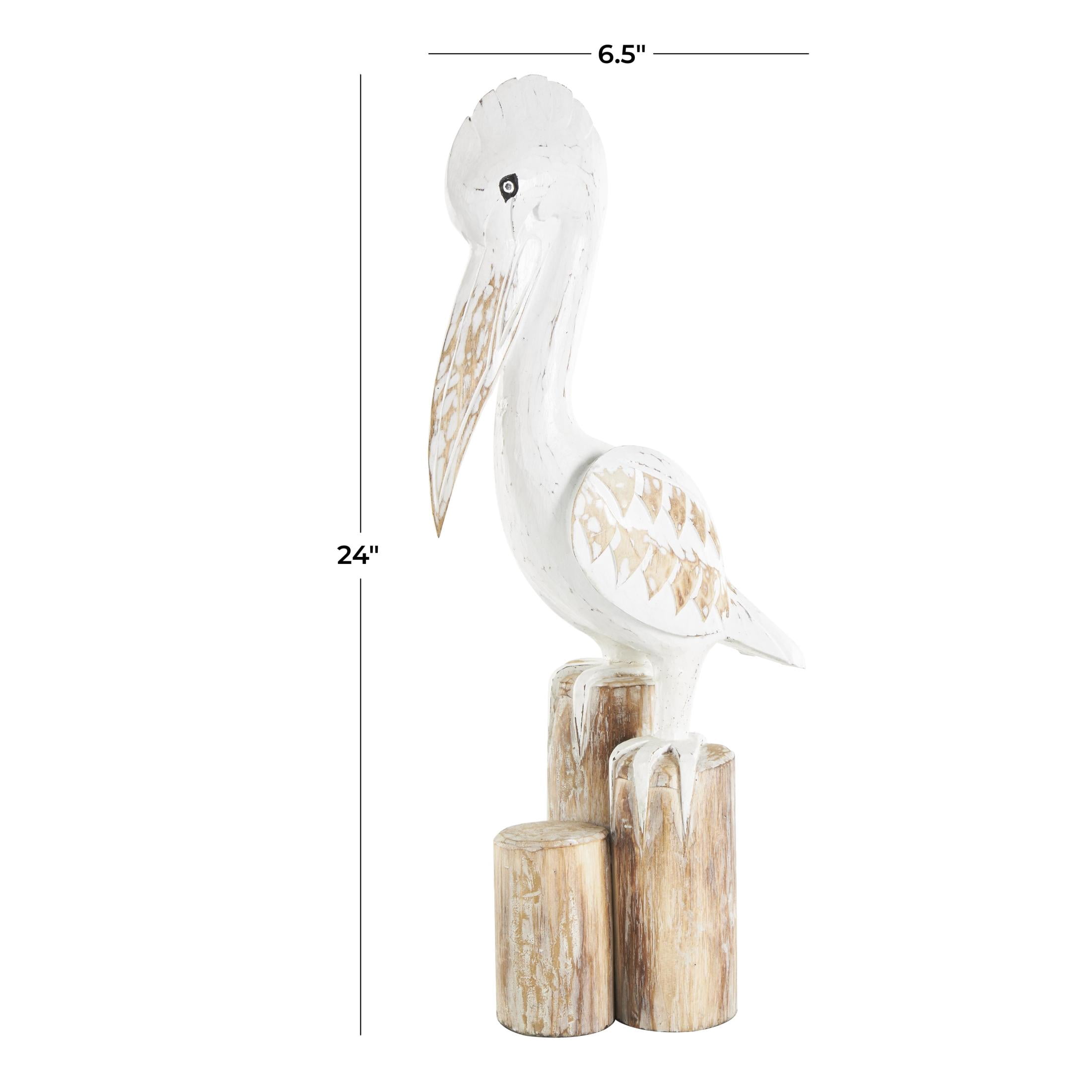 7" x 24" White Wood Handmade Distressed Pelican Sculpture with 3 Brown Posts, by DecMode