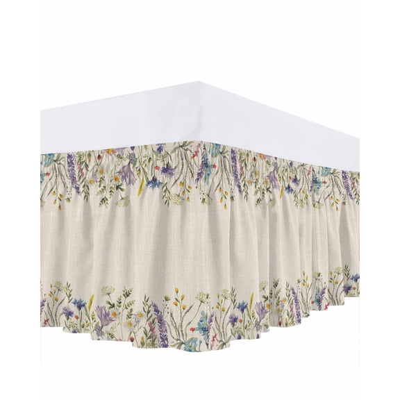 White Daisy Bed Skirt Queen Size 16 Inch Drop, Colorful Flower Lavender Vintage Linen Adjustable Elastic Dust Ruffles Bedskirt for Queen Bed Wrap Around Pleated Mattress Frame Cover