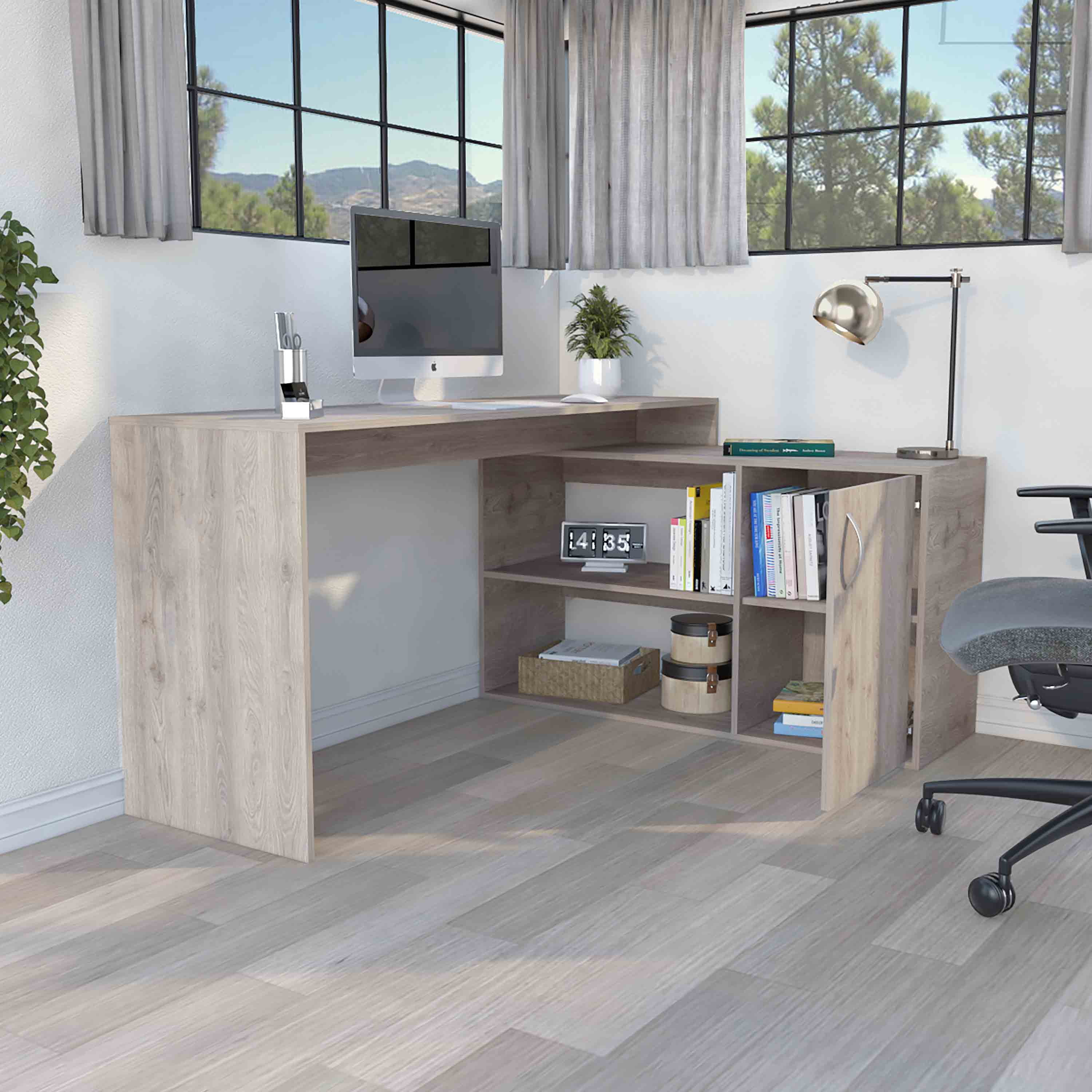 Axis 59 Inch Light Gray L Shaped Desk with Open Shelves and Storage Cabinet