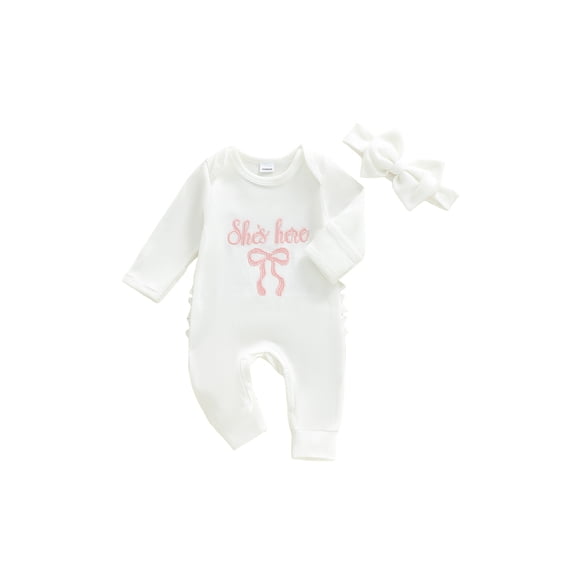 BemeyourBBs She‘s Here Baby Girls Spring Fall Winter Clothes Newborn Baby Girl Hospital Going Home Outfit Waffled Romper Bow Letter Print Long Sleeve One Piece Jumpsuit with Headband