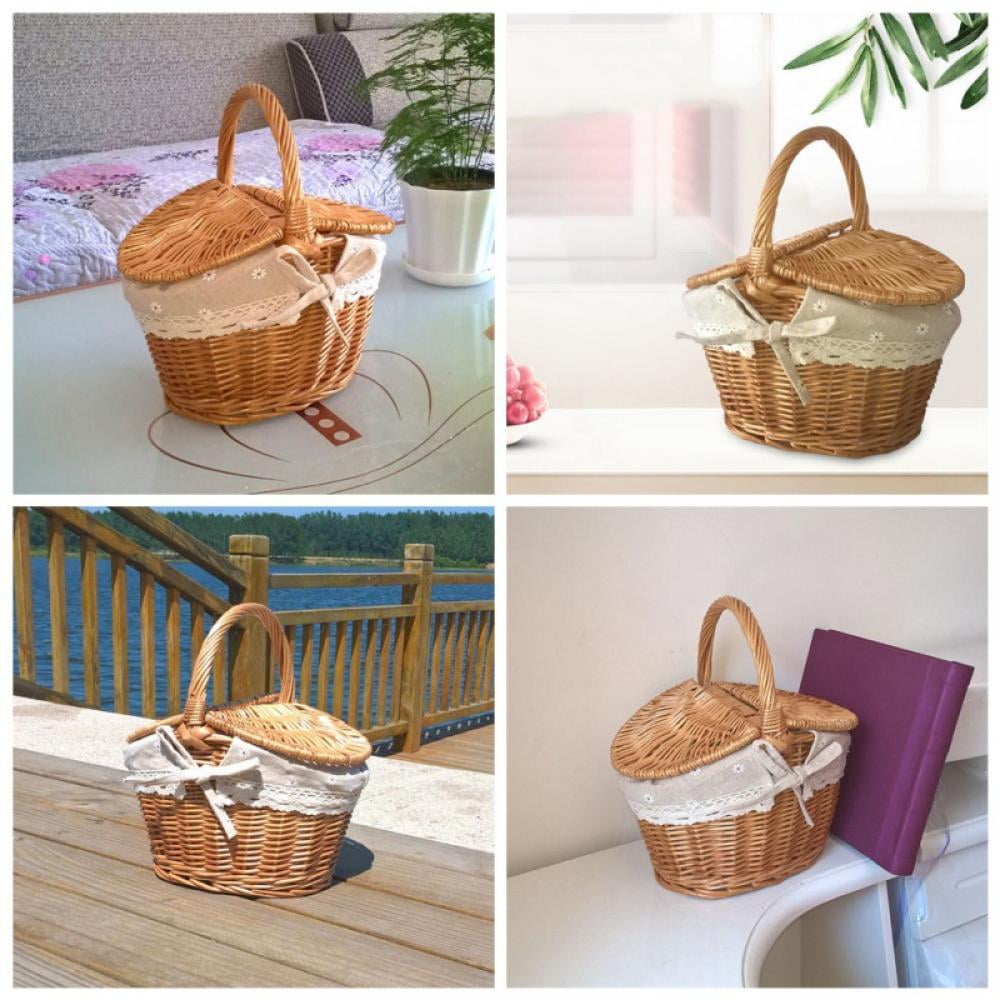 Wicker Picnic Basket with Lid and Handle Sturdy Woven Body with Washable Lining, Easter Eggs Candy Basket Wedding Flower Girl Baskets for Home Garden Decor