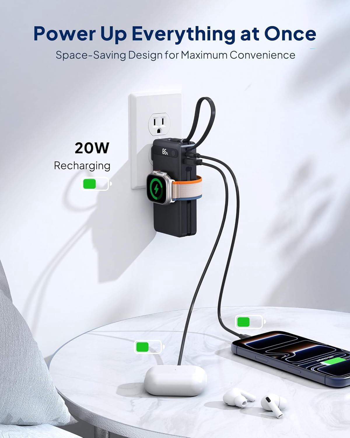 2026 Latest Nano Portable Charger with Built-in Wall Plug and Cables, All in One 10000mAh 22.5W Fast Charging USB C Power Bank Travel Essentials Battery Pack for iPhone Apple Watch Android