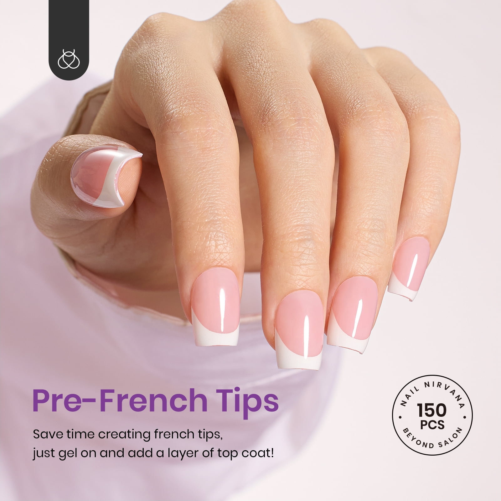 Beetles Press On Nails: 150 Pcs Pink Short Square French Tips, 4 in 1 Nail Tips Gel Nail, Pre-Applied Primer & Base Coat, No File Need DIY Manicure for Nail Extension.