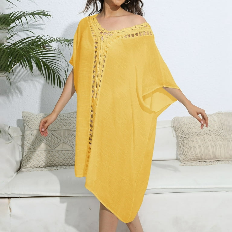 beach throw on dress Plus Size Women's Twist Front Mesh Cut-Out Cover Up Dress by Swimsuits For All in Pink Orange Ombre (Size 10/12)