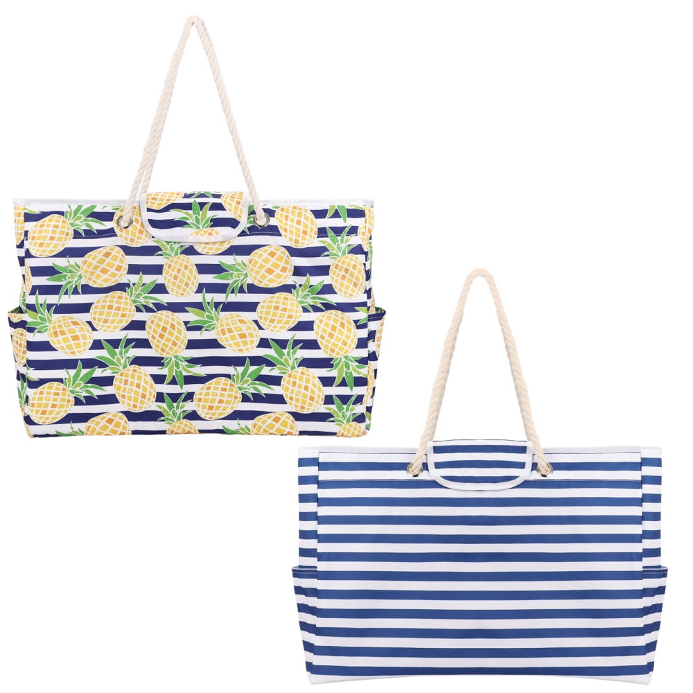 Oversized Big Beach & Pool Bags Large Waterproof Canvas Beach Bag for Toys A Blue And White