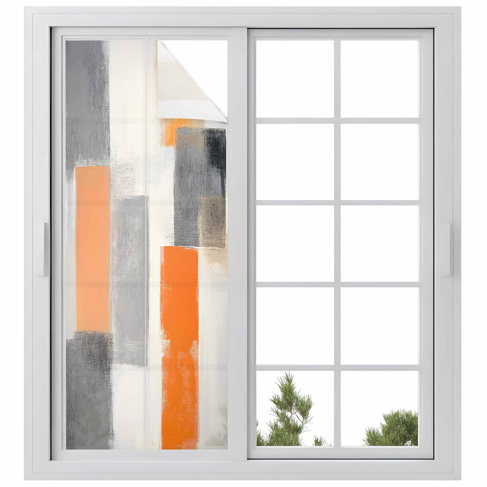 Modern Orange Beige Grey Window Privacy Film, Abstract Geometric Oil Painting Static Cling UV Sun Blocking Tint Film Heat Control Windows Films for Bedroom Bathroom, Window Stickers 29.5"x78.7"