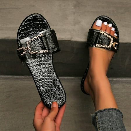 

Women s Fashion Large Size Solid Color Textured Metal Buckle Flat Sandals Slippers