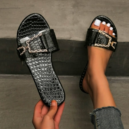 

Mishuowoti slipper for women 2023 Women s Fashion Large Size Solid Color Textured Metal Buckle Flat Sandals Slippers