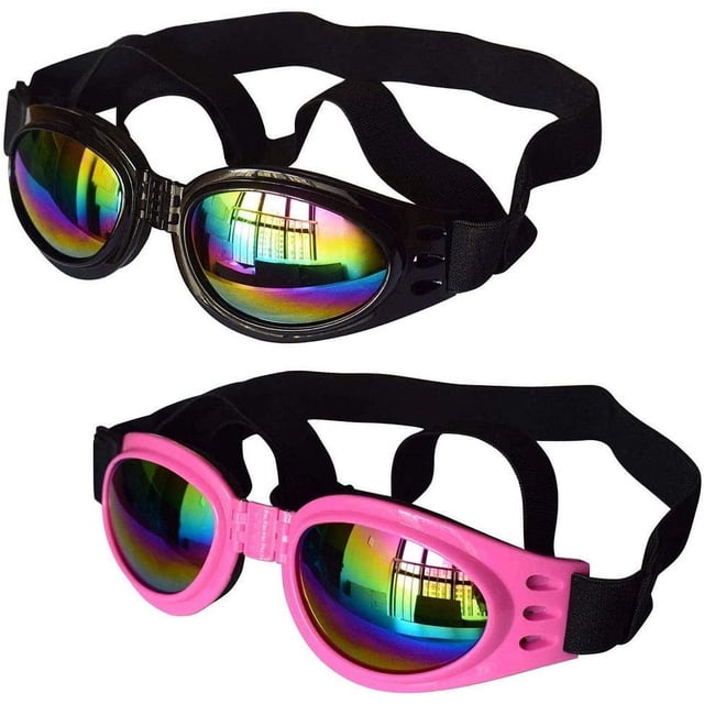 Juego de 2 gafas protectoras para perros, correa ajustable, protección ocular para viajes y esquí, gafas de sol impermeables para perros (negro, rosa)