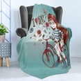 thumbnail image 4 of Cartoon Soft Flannel Fleece Throw Blanket, Love My Bike Theme Girl with Bicycle Vintage Flowers Illustration, Cozy Plush for Indoor and Outdoor Use, 70" x 90", Dried Rose and Pale Blue, by Ambesonne, 4 of 5
