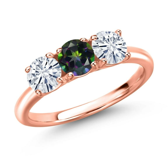 Gem Stone King 18K Rose Gold Plated Silver Green Mystic Topaz and White Moissanite Engagement Ring for Women | 1.55 Cttw | Round 5MM | Gemstone November Birthstone | Size 8