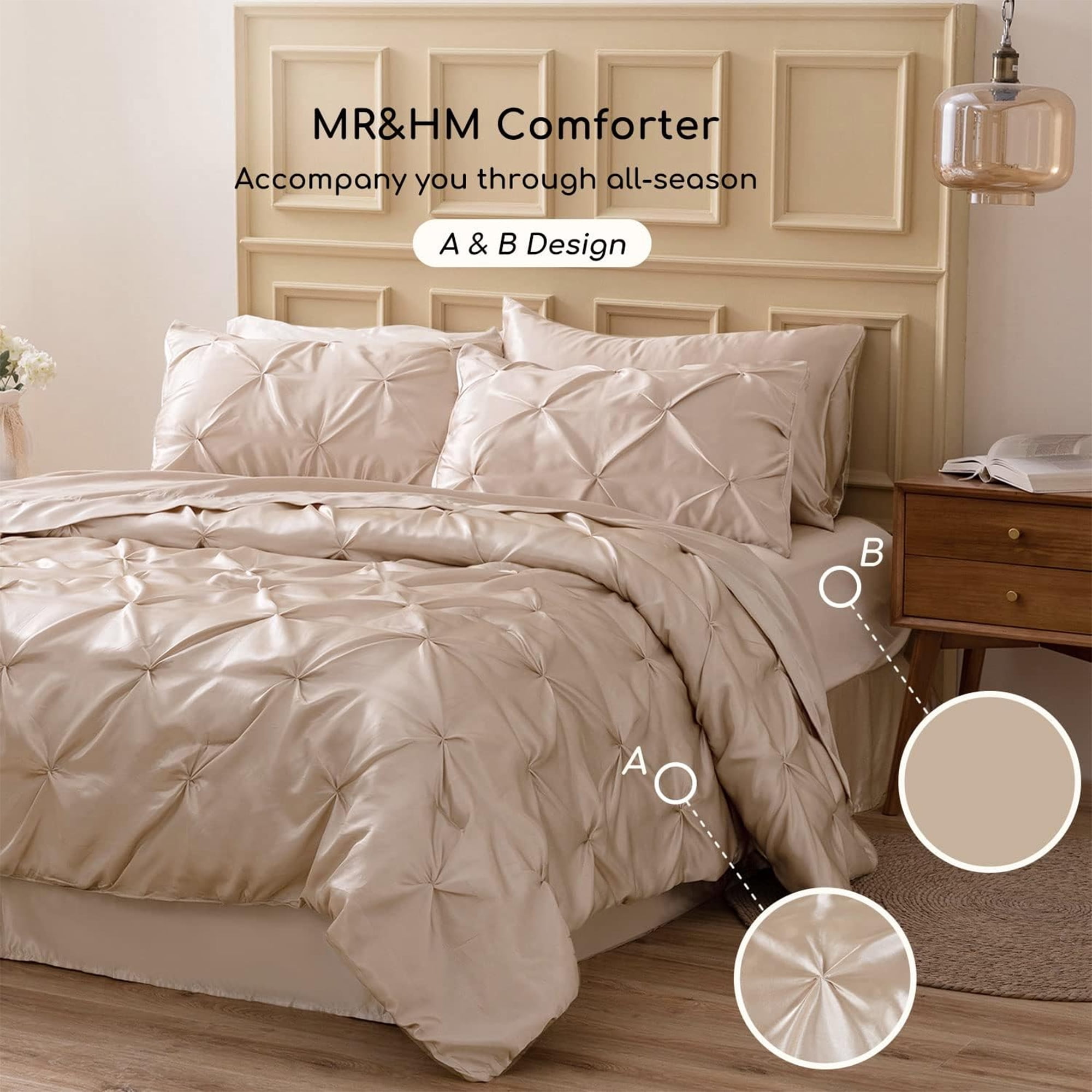 MR&HM Satin Comforter Set 7 Pieces Full Size - Luxurious Pinch Pleat Bed in a Bag with Satin Comforter, Satin Sheets, Satin Pillowcases & Shams, Silky Soft Bedding Set for All Seasons (Champagne)