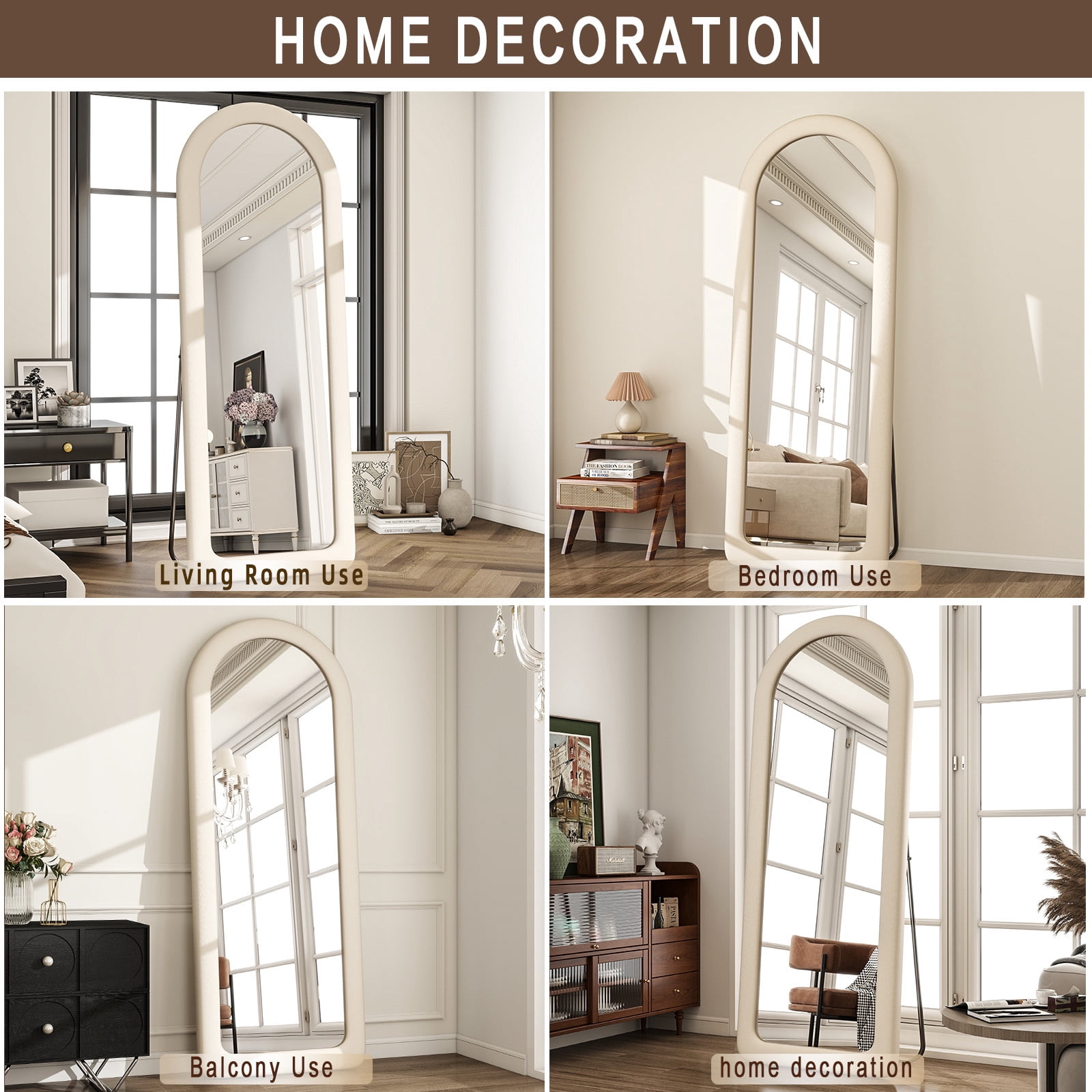Gleamira 63"x24" Full Length Mirror Frame Arched Floor Mirror Flannel Wrapped Wooden Frame Hanging Leaning Mirror, White