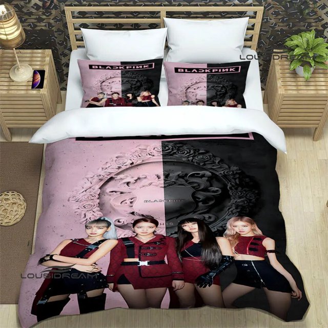 Juego de ropa de cama con estampado de grupo idol coreano, suministros de cama exquisitos, funda nórdica, edredón, juego de cama de lujo, negro-rosa