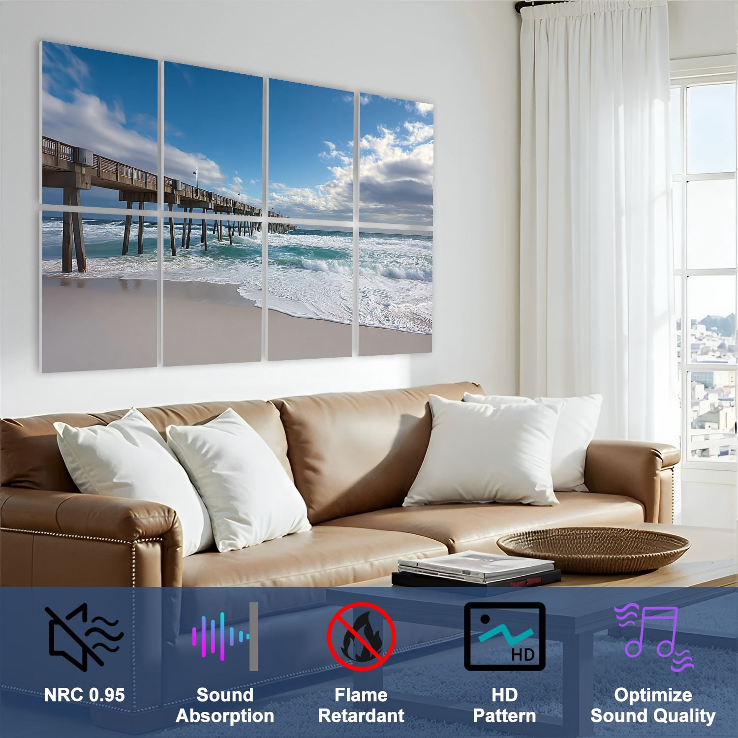 8 Pack Art Acoustic Panels Sound Absorbing Waves Pensacola Pier Decorative Soundproof Wall Panels Self Adhesive for Nursery Game Room Bedroom 48"x32"