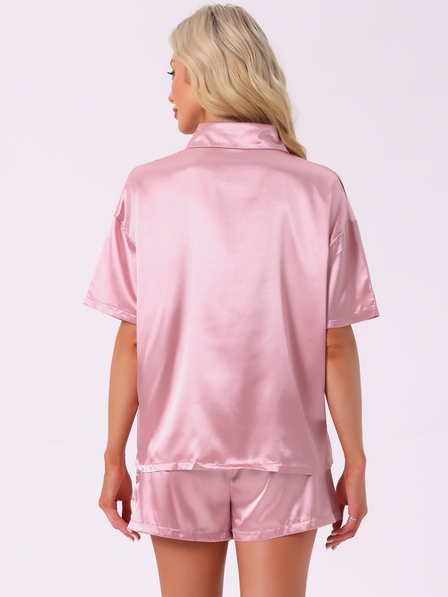 DARING DIVA Pajama Satin Oversize Casual Button Down Point Collar Set L Pink