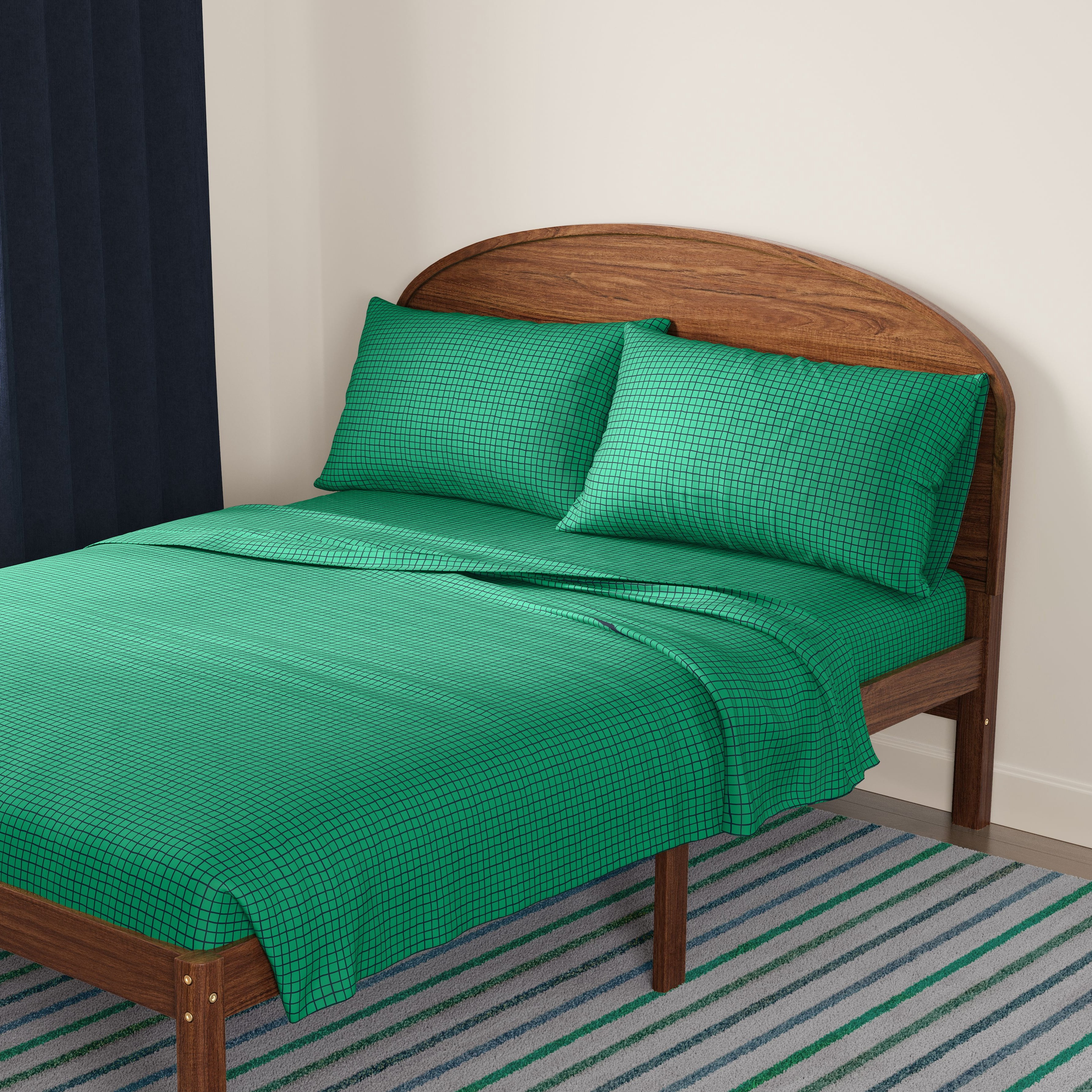 Mainstays Kids Microfiber Bed Sheet Set, Queen, Green Grid, 4 Pieces