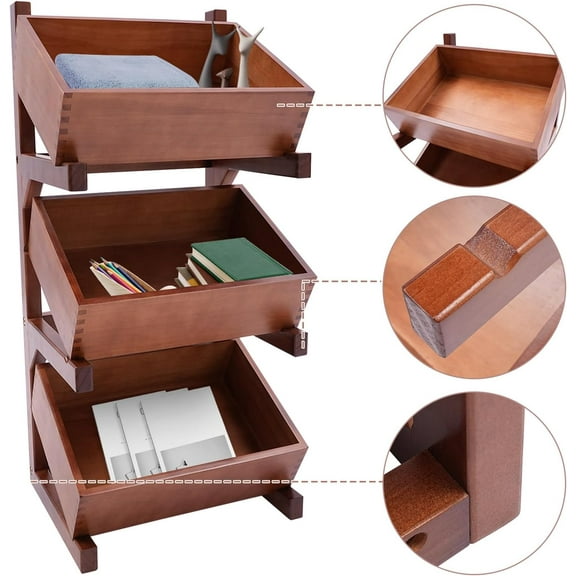 Wooden 3 Tier Fruit and Vegetable Basket Stand Rack, Storage Rack with Baskets, Utility Shelf Organizer for Kitchens, Living Rooms, Fruit Shops, Garages, Offices