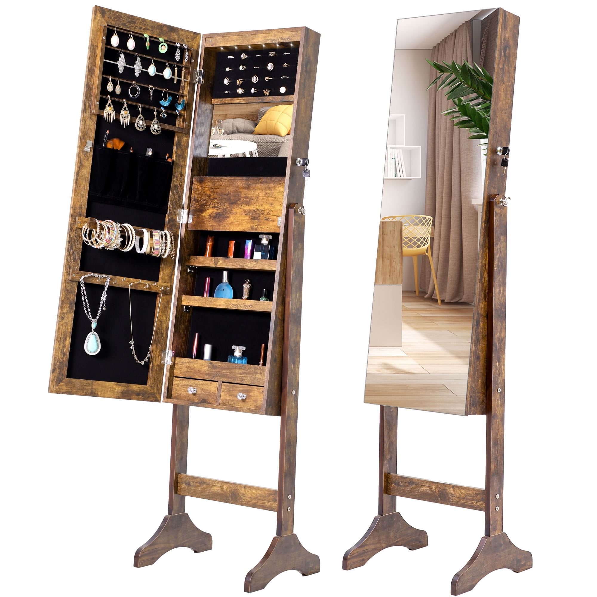 Jewelry Cabinet With Full Length Mirror, Floor Standing Jewelry Armoire Mirror