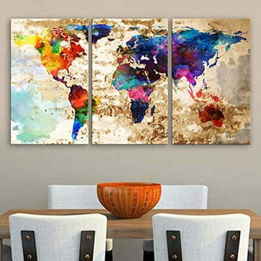 Original by BoxColors LARGE 30"x 60" 3 Panels 30"x20" Ea Art Canvas Print Original Watercolor Texture Map Old brick Wall Full color decor Home interior (framed 1.5" depth)