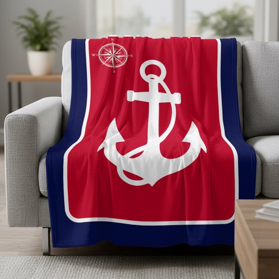 Anchor Fleece Throw Blanket Compass Nautical Navy Blue Red Ultra Soft Fuzzy Cozy Flannel Throw Blanket for Couch Sofa Bed Car Travel, Ideal Gifts 40x50 Inches