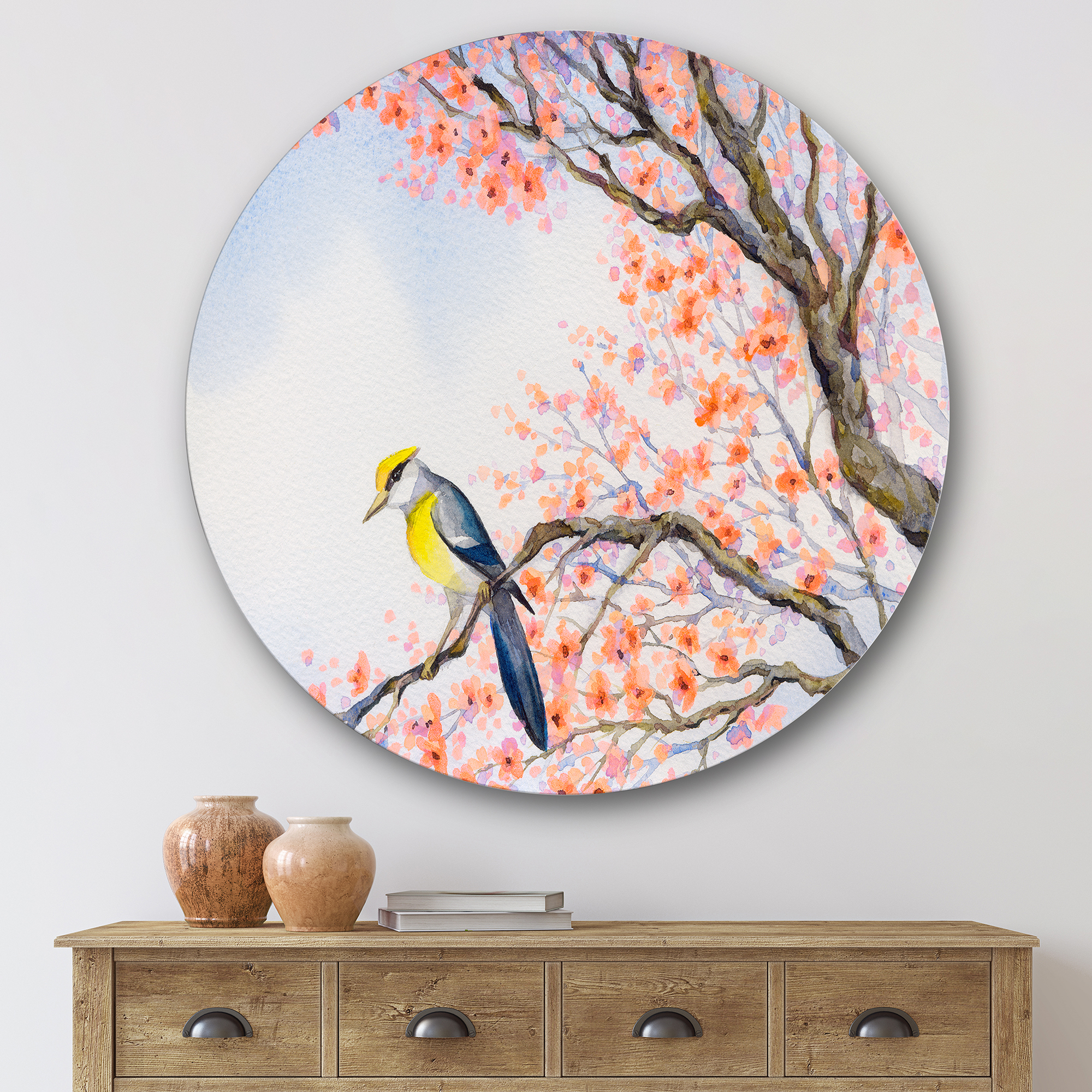Designart 'Beautiful Blue Bird Sitting On Flowering Branch I' Traditional Circle Metal Wall Art 29x29 - Disc of 29