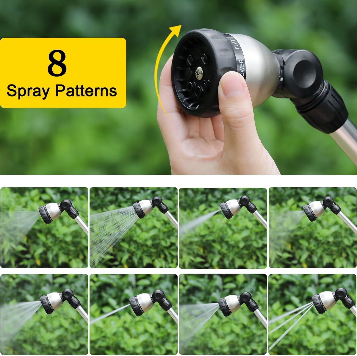 FANHAO Garden Hose Wand 16 inches, Metal Watering Wand with 8 Spray Patterns, 180° Rotating Nozzle