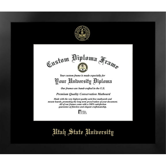 Utah State University 11w x 8.5h Manhattan Black Single Mat Gold Embossed Diploma Frame with Bonus Campus Images Lithograph (value savings at $59)